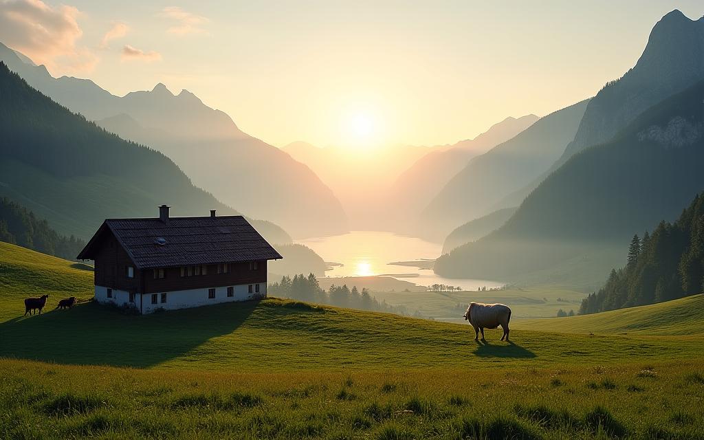 Weites Panorama eines Schweizer Alpentals mit einem Bauernhof im Vordergrund bei Sonnenaufgang.