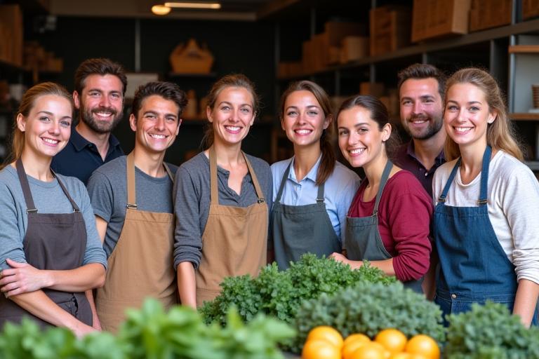 Eine Gruppe von lächelnden Bauern und Mitarbeitern des Alpenmarkts, die zusammen vor einem Marktstand stehen.