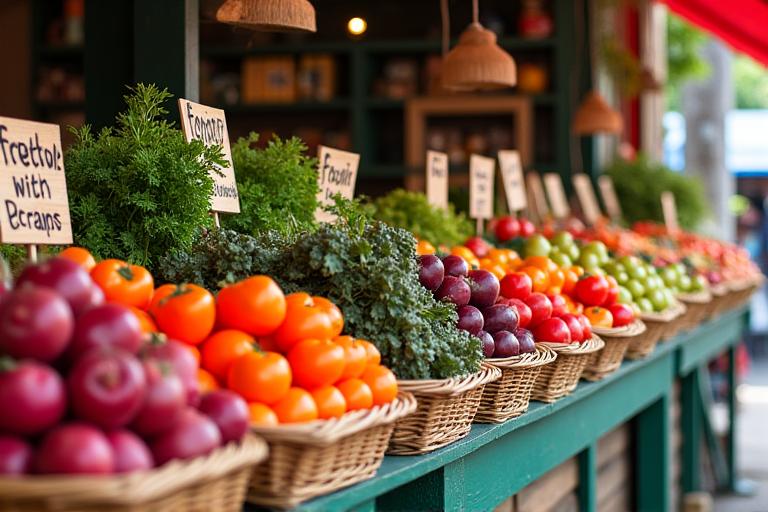Ein farbenfroher Marktstand mit sorgfältig aufgeschichtetem Bio-Gemüse.
