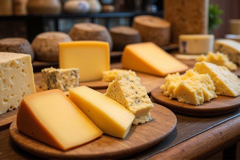 Eine grosse Auswahl an handwerklich hergestelltem Schweizer Käse an einer Käsetheke.