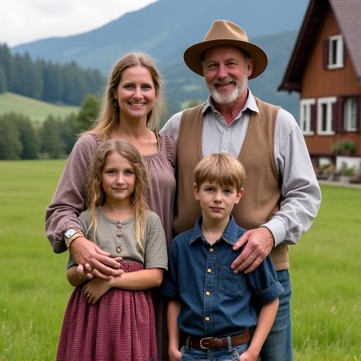 Portrait der Familie Huber, die vor ihrem traditionellen Bauernhaus steht.
