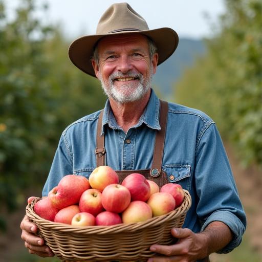 Portrait von Bauer Martin Gfeller, der stolz einen Korb mit frisch gepflückten Äpfeln hält.