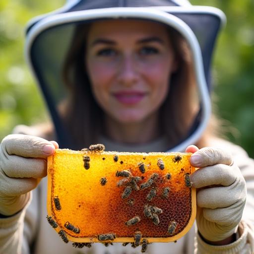 Portrait der Imkerin Anna Bregy in Schutzkleidung, die eine Bienenwabe hält.