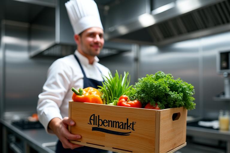 Ein Koch in einer Restaurantküche, der eine Kiste mit frischem Gemüse vom Alpenmarkt entgegennimmt.