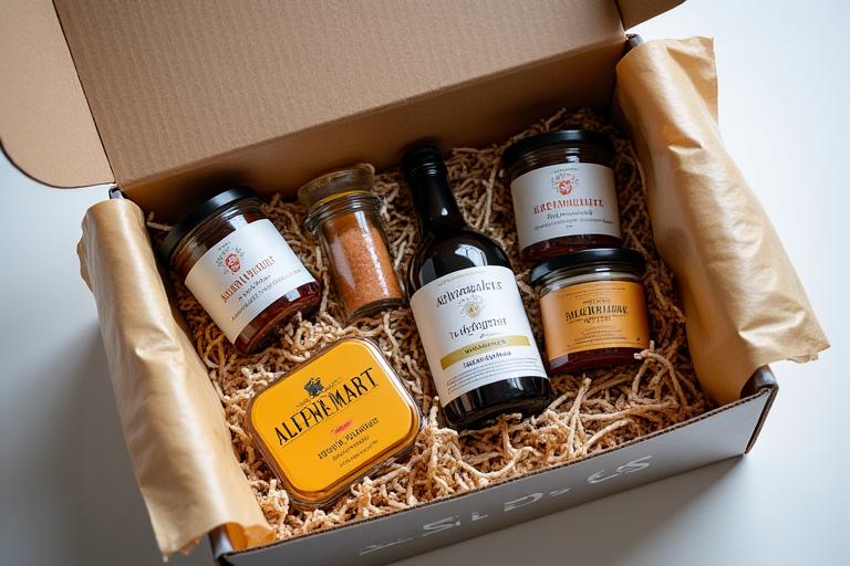 Ein liebevoll verpacktes Paket vom Alpenmarkt Online-Shop, gefüllt mit Gläsern und Spezialitäten.